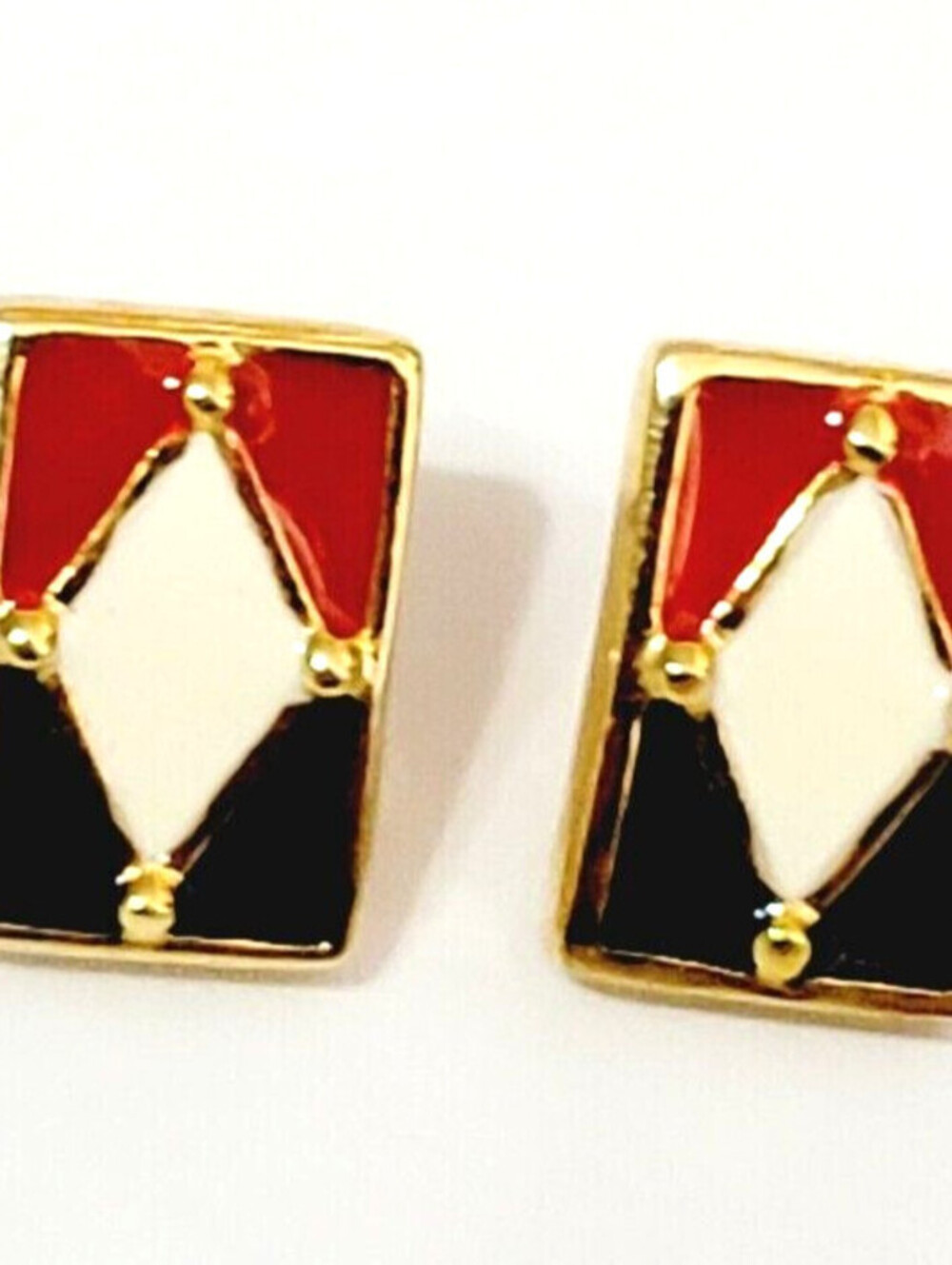 Vintage Enamel Pierced Earrings Red Black White Small Gold-tone‎ Retro rp-79